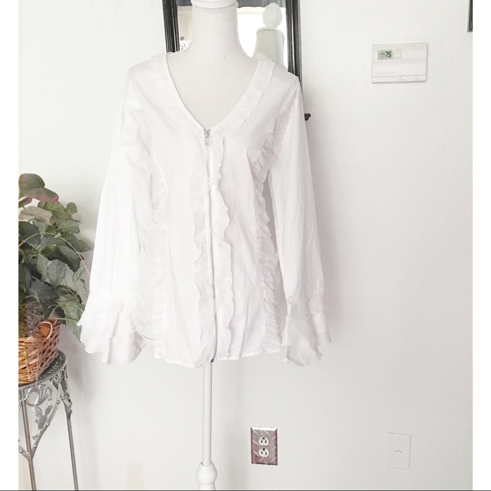 K. Jordan White Zip Up Blouse with Bell Sleeves